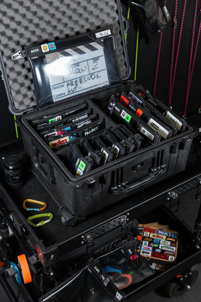 A detailed view of organized camera equipment in a professional storage case, perfect for videography.